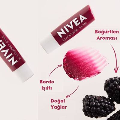 NIVEA Böğürtlen Dudak Bakım Kremi, 24 Saat Nem, Hafif Bordo Işıltı, Doğal Yağlar ile Gün Boyu Dudak Bakımı, Böğürtlen Kokusu, 4.8 gr - 3