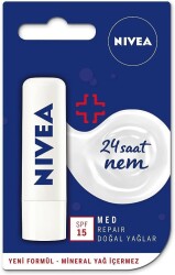 NIVEA Med Repair Dudak Bakım Kremi, 24 Saat Nem,Doğal Yağlar ile Çatlamış Dudak Bakım,SPF 15, 4,8 ml - 1